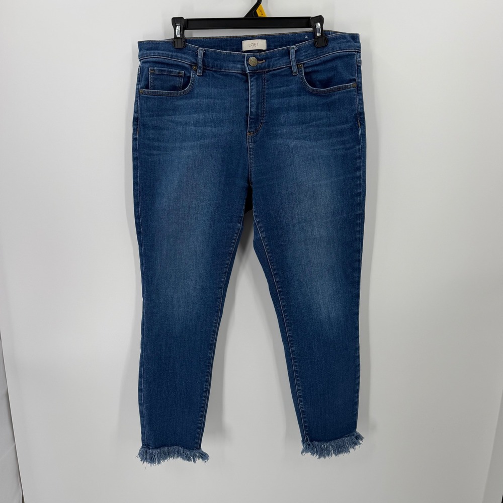LOFT Outlet Frayed Hem Ankle Jeans Womens 14 Blue Mid Rise Skinny Stretch Denim - Picture 2 of 12